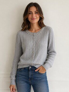 Tommy Hilfiger Women’s Gray Cable Knit Pearl Button Cardigan Sweater Size XL